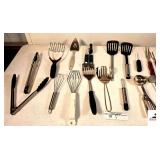 SPATULAS - TONGS - CANDY THERMOMETER - CAN OPENER - WHISK - METAL MEAT TENDERIZER - ICE CREAM SCOOP - POTATO MASHER - MEAT FORKS