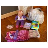 Baby doll, blanket, pampers, bag