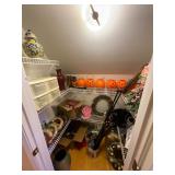 Closet full of assorted Halloween  Valentine decor