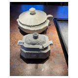 2- white gravy bowls, ladles, servers