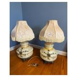 2- antique lamps with cream fringe shades