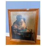 Vintage framed lady sewing picture