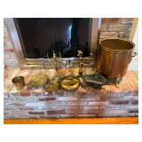 Brass bucket, candleholders assorted lot
