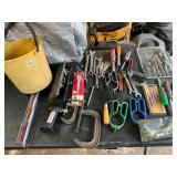 Bucket assorted clamps, wrenches, tools