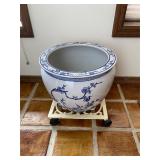 Blue & white planter with white roller