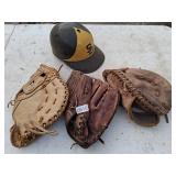 Youth baseball hat and 3 gloves