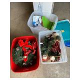 Assorted Christmas decor and plastic totes