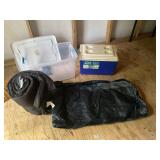 Sleeping bag, twin mattress, picnic chest