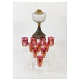 Embossed & Cast Iron Lamp & Cranberry Glasses