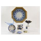 Flow Blue Plate, Bone China, Glass & Delft Blue