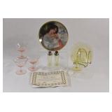 Yellow & Pink Depression Glass 3PC Set & Shakers