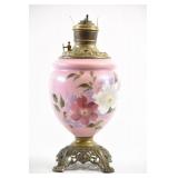 Kerosene Pink Glass & Brass Hand Painted Lamp