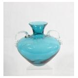 Blown Turquoise with Clear Applied Handle Vase