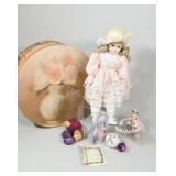 Porcelain Doll, Hat Box & Christmas Bulbs