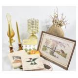 Amber Candle Holders, Vase & Silk Paintings