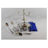 Silver Plate Candlebrae, Cobalt Utensils & Dish