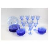 Pressed Glass Blue Embossed Place Setting 3PC X 12