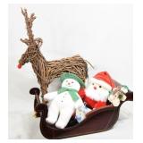 Wood Sleigh, Reindeer & Plush Snowman & Santa