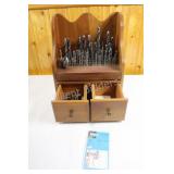 Drill Bits in Wood Wall Case with Pull Out Drawers