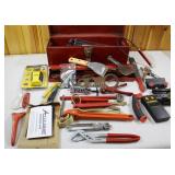 Red Metal Tool Box with Assortment of Hand Tool
