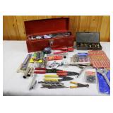 Red Metal Tool Box with Wire Strippers, Vise Grips