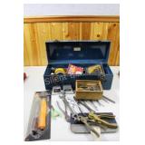 Blue Metal Tool Box with Shaper Bits, Pliers