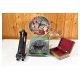 Wood Inlay Box, Carnival Glass, Binoculars,Tripod