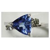 14K White Gold Tanzanite and 2 Diamond Ring