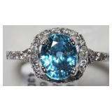 14K White Gold Natural Blue Zircon & Dia Halo Ring