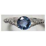 14K White Gold Blue Sapphire and 30 Diamond Ring