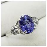 10K White Gold Tanzanite 3Ct 2 Diamonds Ring