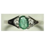 10K White Gold Emerald and 2 Diamond Ring
