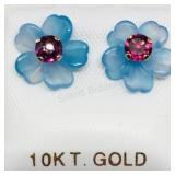 10K Yellow Gold Garnet  Chalcedony Flower Earrings