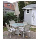 Glass Table Set w Base & Metal Chairs