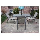 Glass Patio Table w Four Chairs, Umbrella, Stand