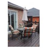 Glass Patio Table w Four Chairs, Umbrella, Stand a
