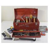 Red Metal Tool Box with Assortment of Tools