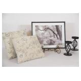 Decorative Toss Cushions, Framed Print & Candle