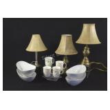 Table Brass Finish Lamps, Bowls, Set of Coffee Mug