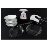 Hand Mixer, Scale, Pyrex Dishes & Set of 3 Bowls
