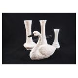 White Milk Glass Bud Vases w Wood Swan