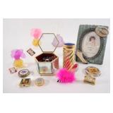 Assorted Perfume Bottles, Pill Boxes, Clock
