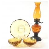 Hazel-Atlas Lyric Gold Bowl Set & Amber Oil Lamp