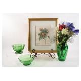 Green Glass Vase & Bowls w Botanical Art Print