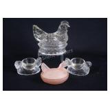 Jeanette Clear Glass Hen w Clear Egg Cups