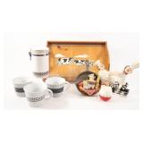 Folk Art Wooden Tray, Mugs w Canister, Wall Art