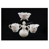 White Milk Glass Hobnail Condiment Set w Bowl
