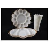 Gold Scallop Trim Egg Platter & Relish Tray w Vase