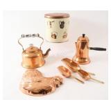 VTG Copper Tea & Coffee Pots w Canister & Plaque