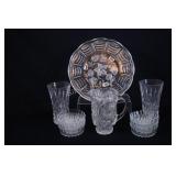 Cut Glass Cake Platter, Vases, Pitcher & Bowls